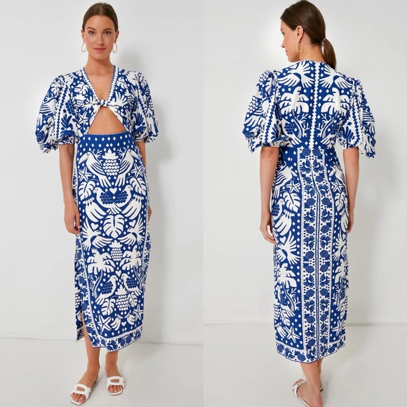 Rare NWT Farm Rio Jungle Scarf Midi Dress Cutout Birds Blue White Navy - Picture 3 of 14